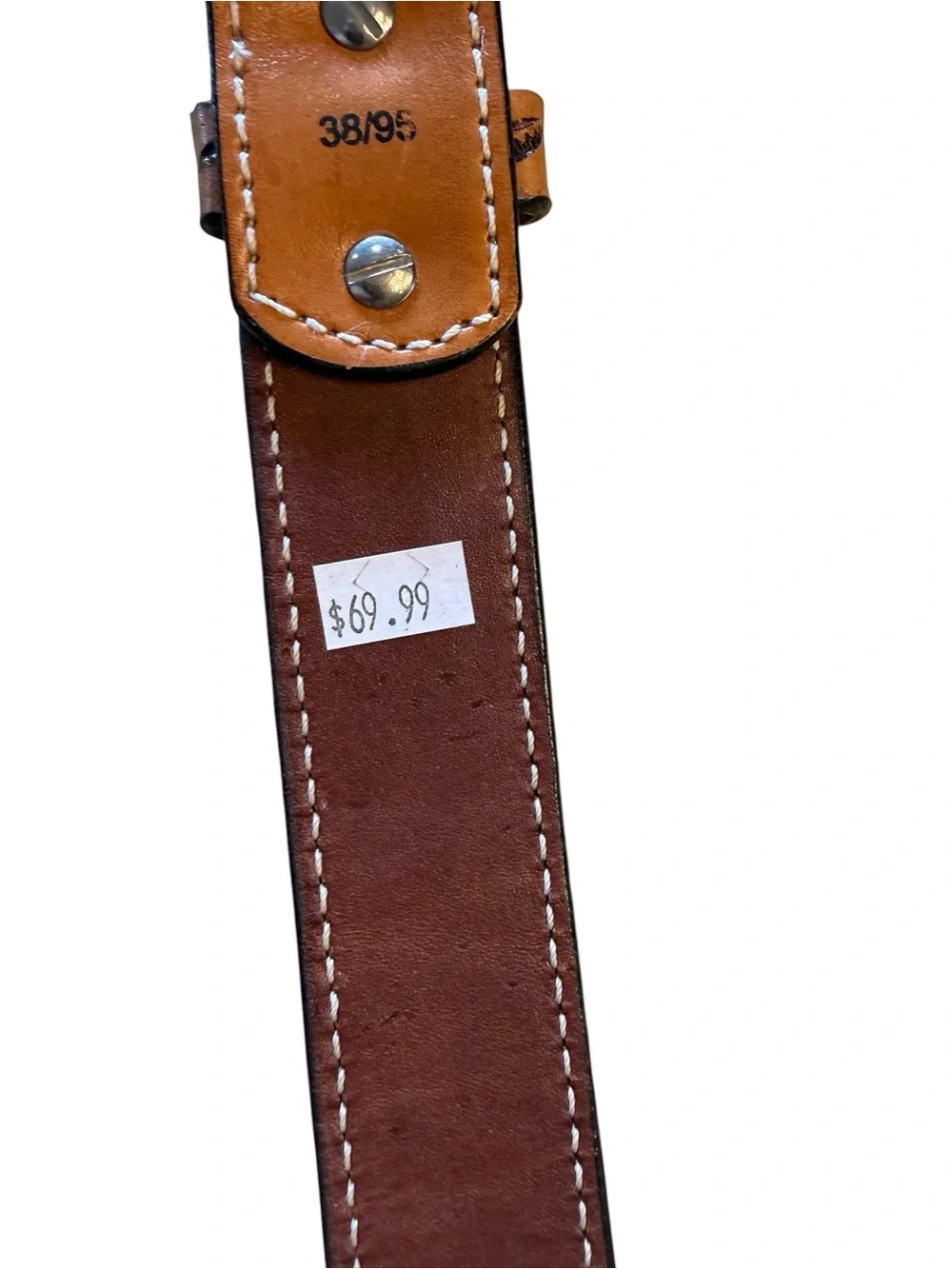 Hand-Tooled Brown Leather Men's 38 Belt with Decorative Silver Buckle